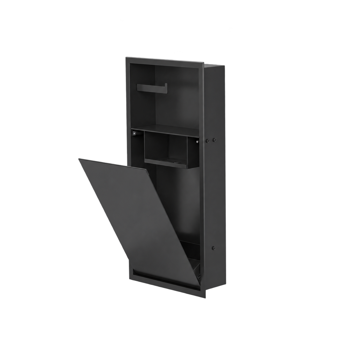 Niche WC 24 × 10,5 po noir mat de trois quarts, porte basculante ouverte sur la tablette et le compartiment du bas