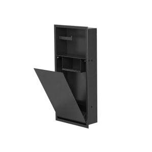 Niche WC 24 × 10,5 po noir mat de trois quarts, porte basculante ouverte sur la tablette et le compartiment du bas