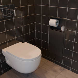 Près d’une toilette suspendue, mur de tuiles noires, la niche WC noir mat 24 × 10,5 po reste fermée, rouleau à portée