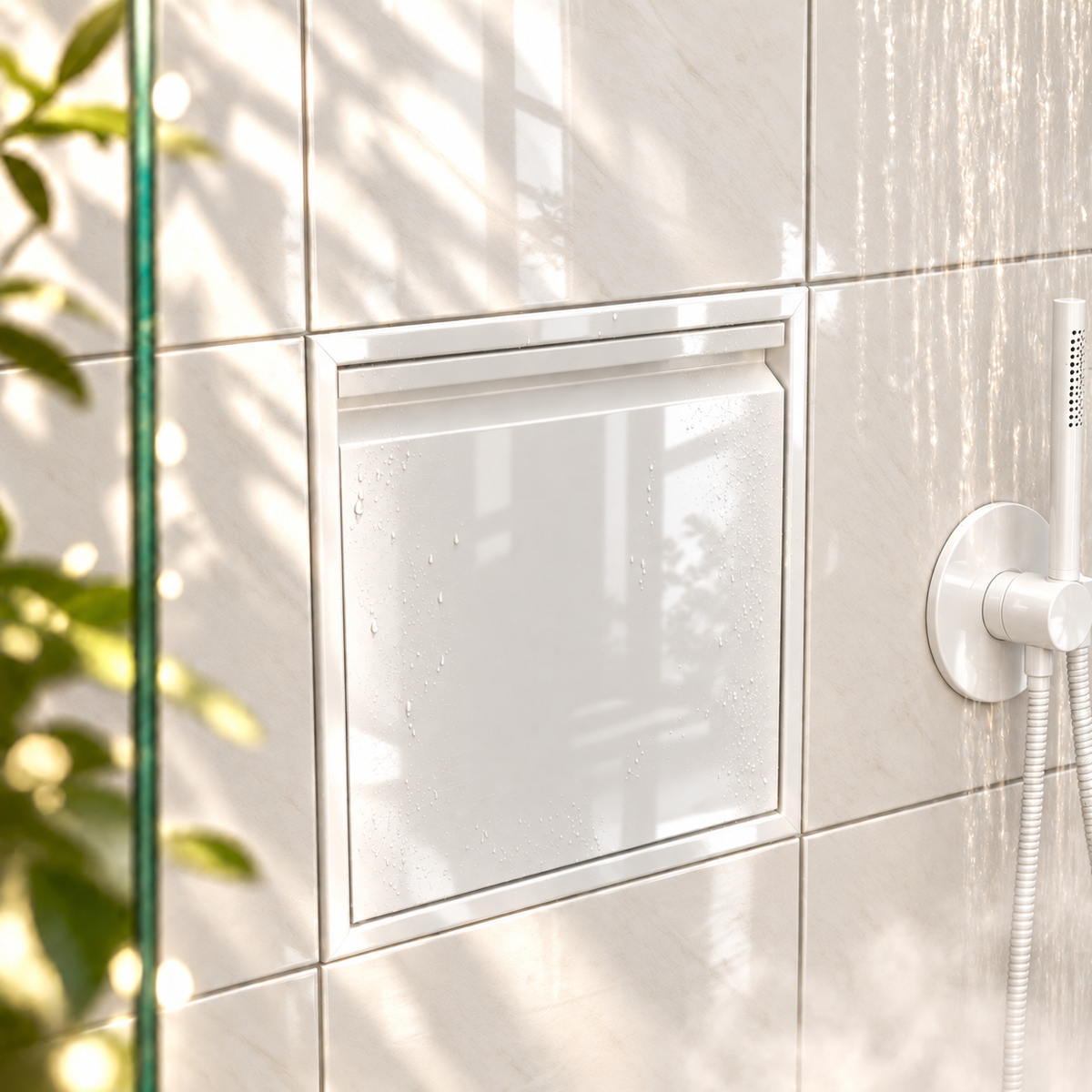 Door niche, 12 × 12 in, glossy white, door closed, recessed in a bathroom wall