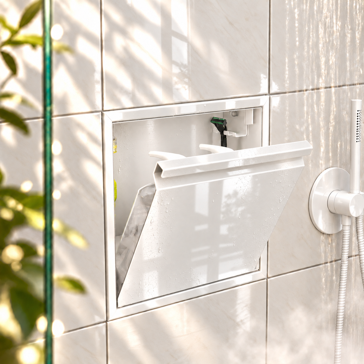 Door niche, 12 × 12 in, glossy white, tilt-down door open: toiletries stored inside