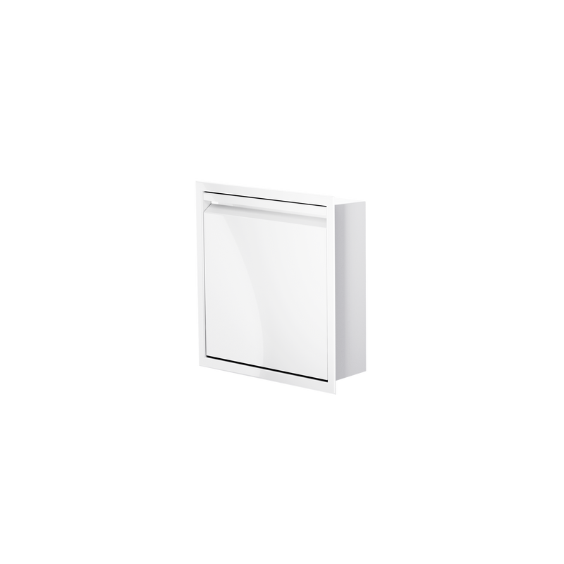 Door niche, 12 × 12 in, glossy white, door closed, three-quarter view on a transparent background