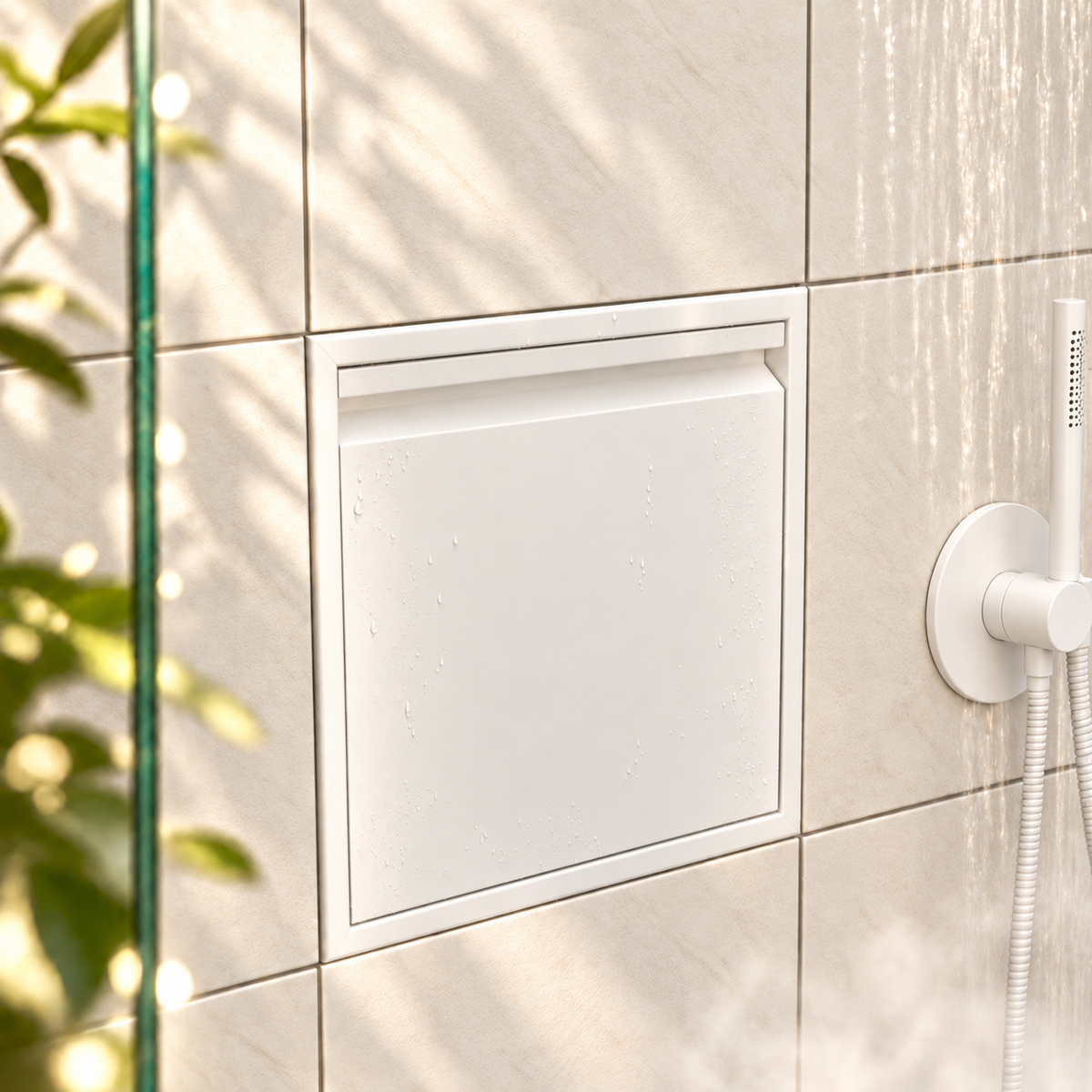 Door niche, 12 × 12 in, matte white, door closed, recessed in a bathroom wall