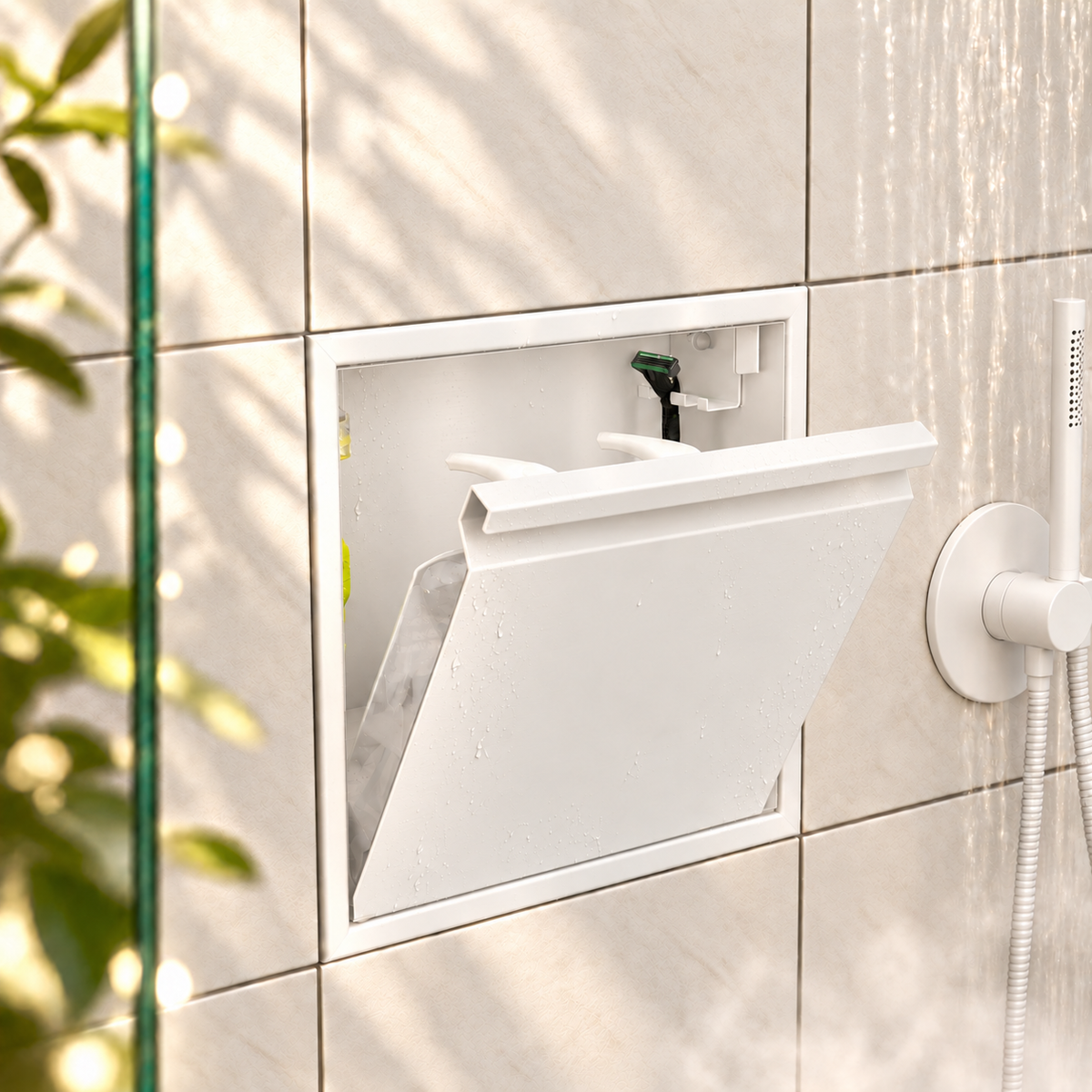 Door niche, 12 × 12 in, matte white, tilt-down door open: toiletries stored inside