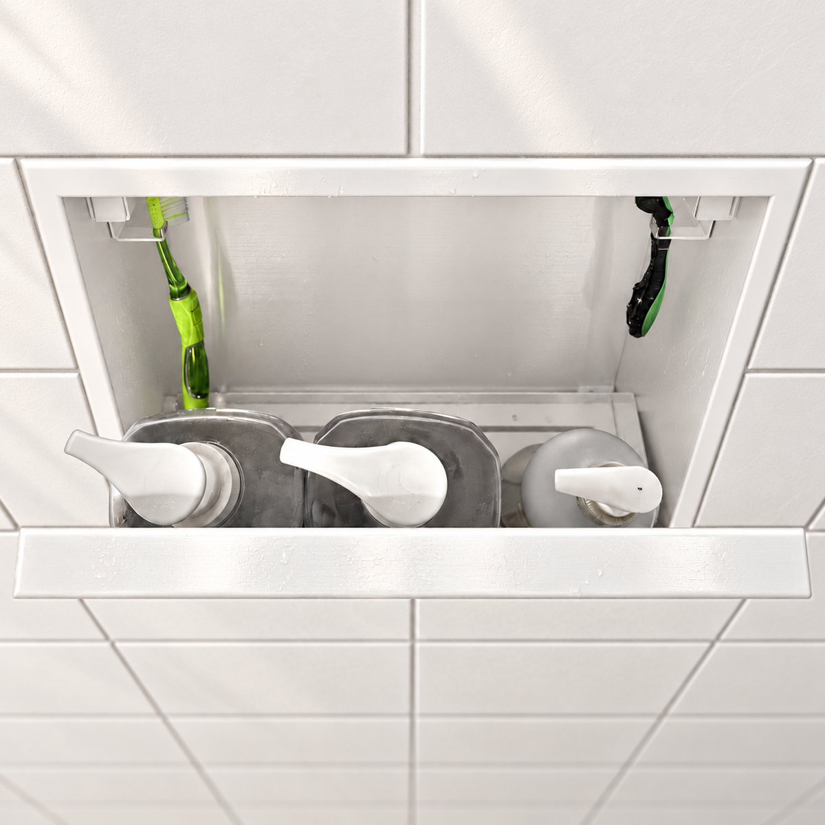 Inside view of the door niche, 12 × 12 in, matte white, door open: bottles stored in the compartment