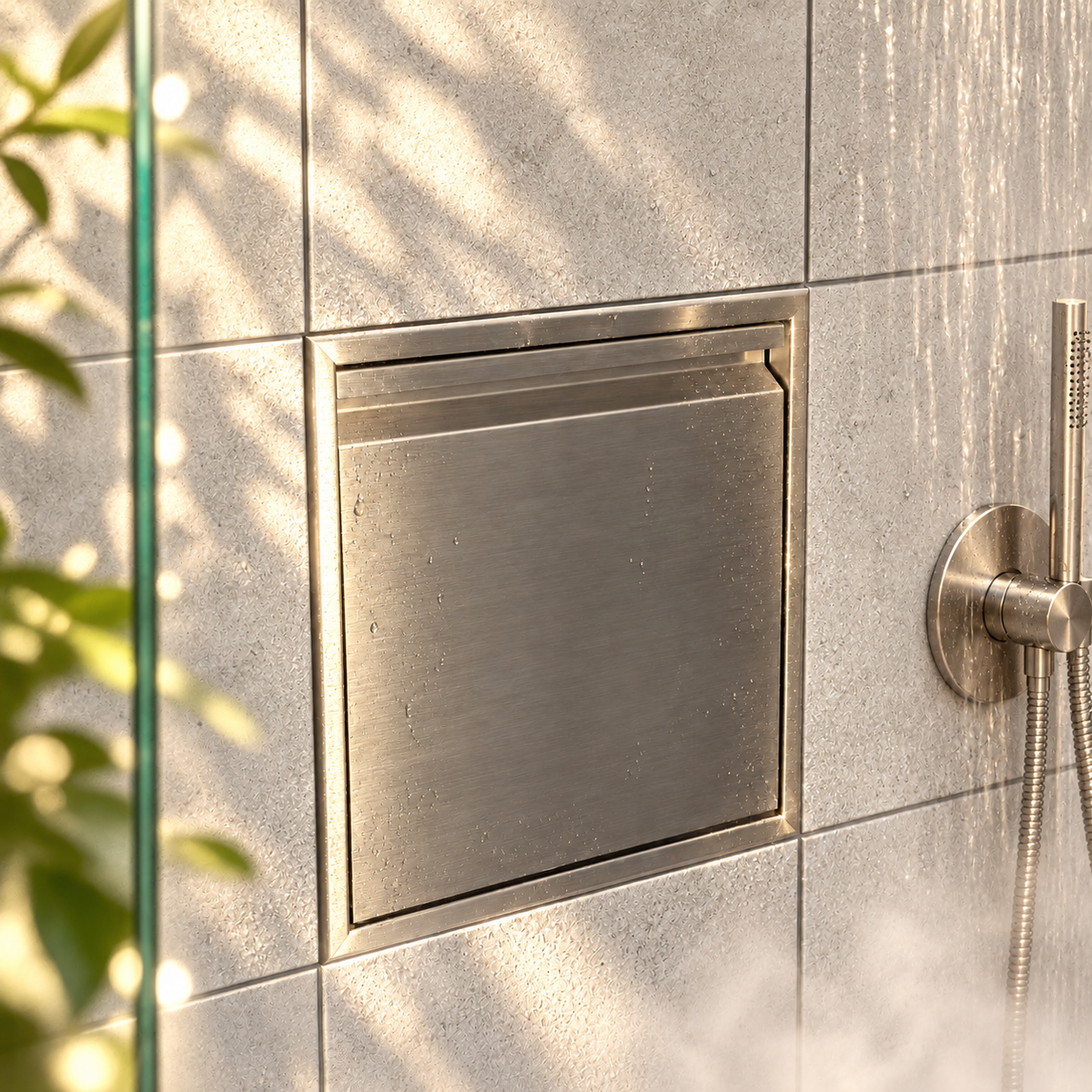 Door niche, 12 × 12 in, brushed stainless steel, door closed, recessed in a bathroom wall