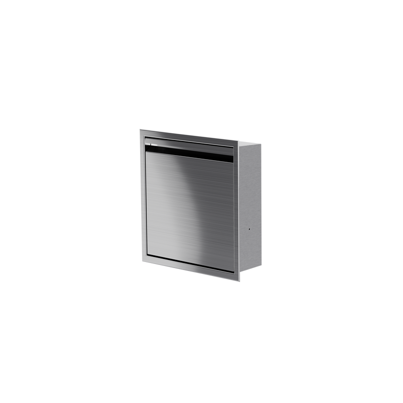 Door niche, 12 × 12 in, brushed stainless steel, door closed, three-quarter view on a transparent background