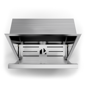 Door niche, 12 × 12 in, brushed stainless steel, back of the open door with its storage rack, on a transparent background