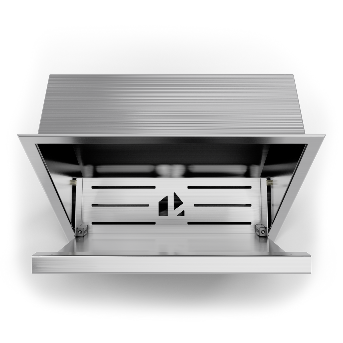 Door niche, 12 × 12 in, brushed stainless steel, back of the open door with its storage rack, on a transparent background