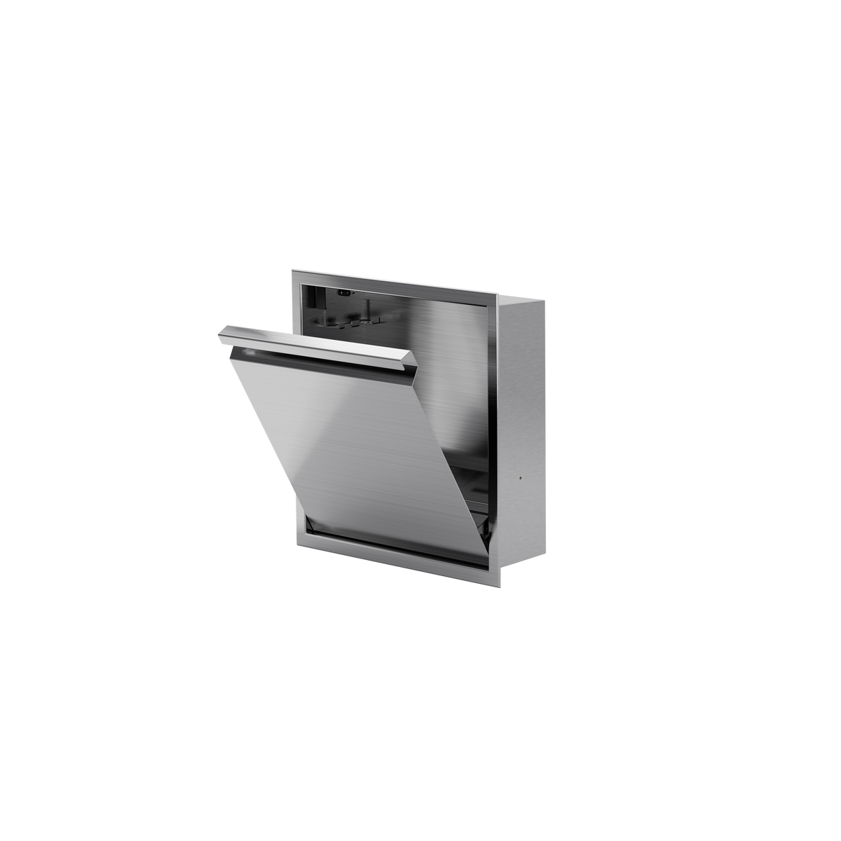 Door niche, 12 × 12 in, brushed stainless steel, tilt-down door open, three-quarter view on a transparent background