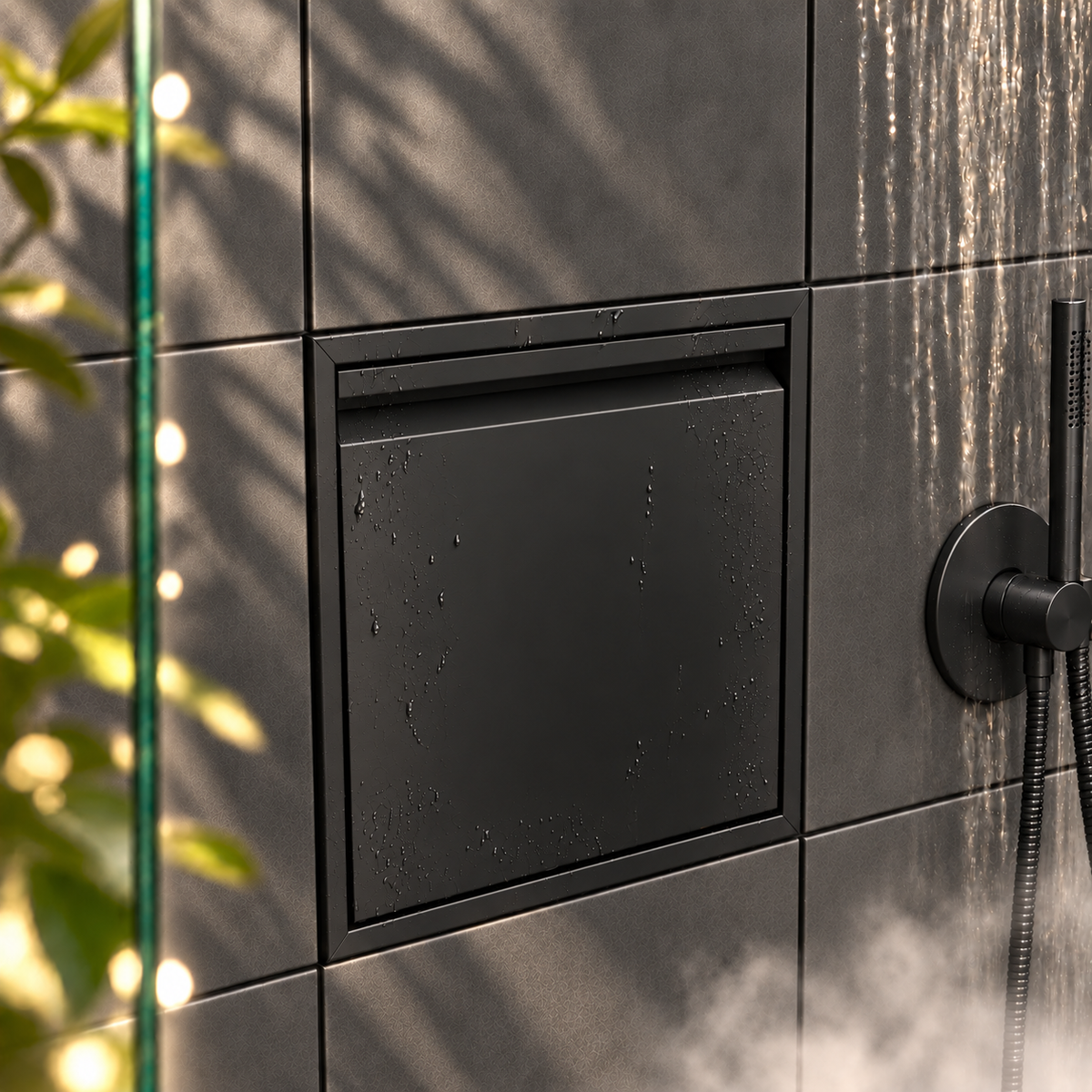 Door niche, 12 × 12 in, matte black, door closed, recessed in a bathroom wall