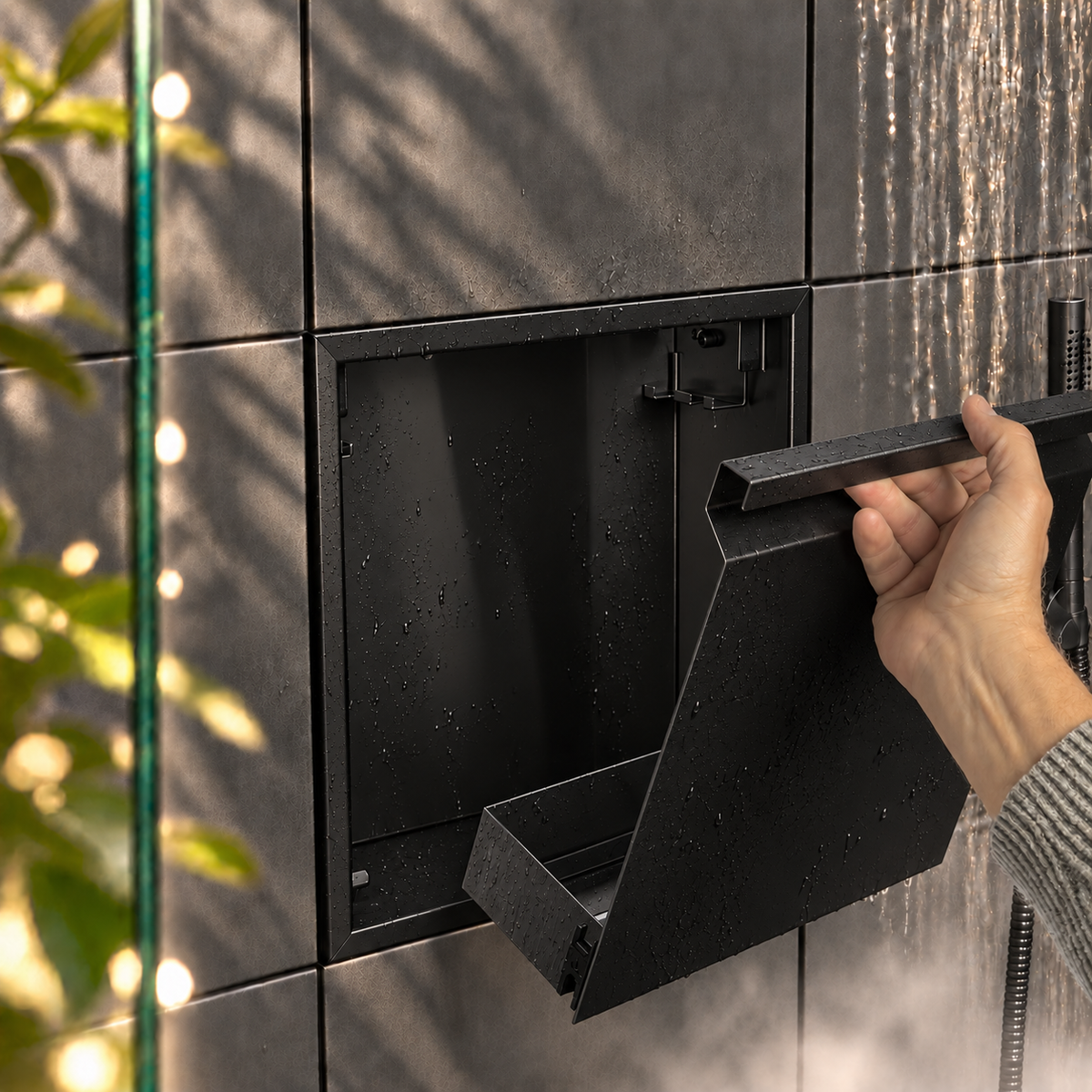 A hand lifts the removable door off the door niche, 12 × 12 in, matte black