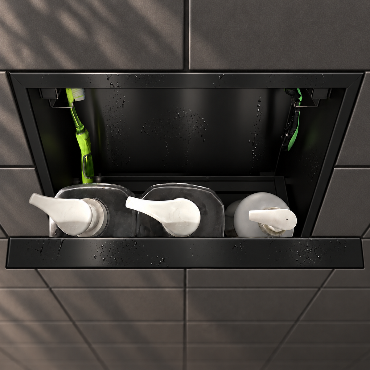 Inside view of the door niche, 12 × 12 in, matte black, door open: bottles stored in the compartment