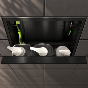 Inside view of the door niche, 12 × 12 in, matte black, door open: bottles stored in the compartment