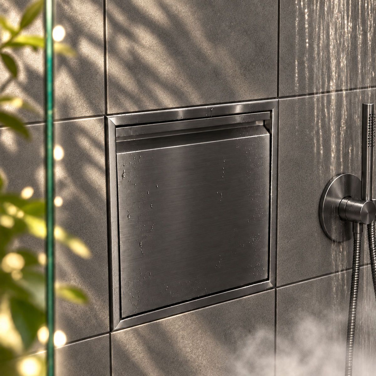 Door niche, 12 × 12 in, black PVD, door closed, recessed in a bathroom wall