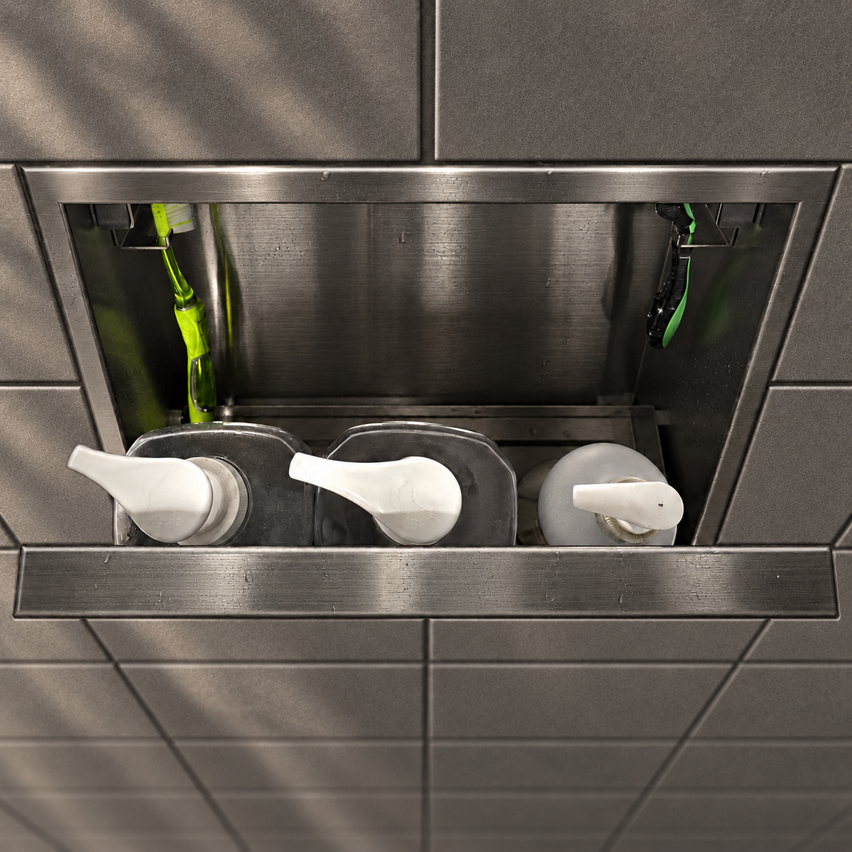 Inside view of the door niche, 12 × 12 in, black PVD, door open: bottles stored in the compartment