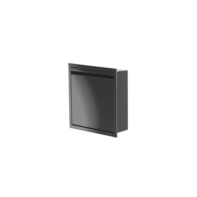 Door niche, 12 × 12 in, black PVD, door closed, three-quarter view on a transparent background