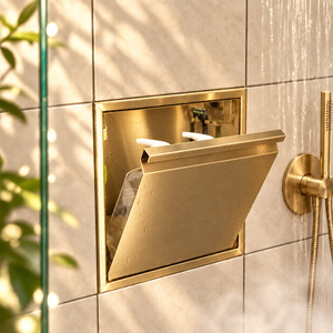 Door niche, 12 × 12 in, gold PVD, tilt-down door open: toiletries stored inside