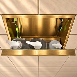 Inside view of the door niche, 12 × 12 in, gold PVD, door open: bottles stored in the compartment