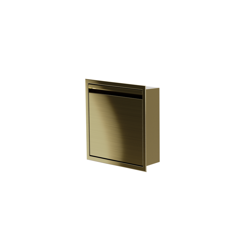 Door niche, 12 × 12 in, gold PVD, door closed, three-quarter view on a transparent background