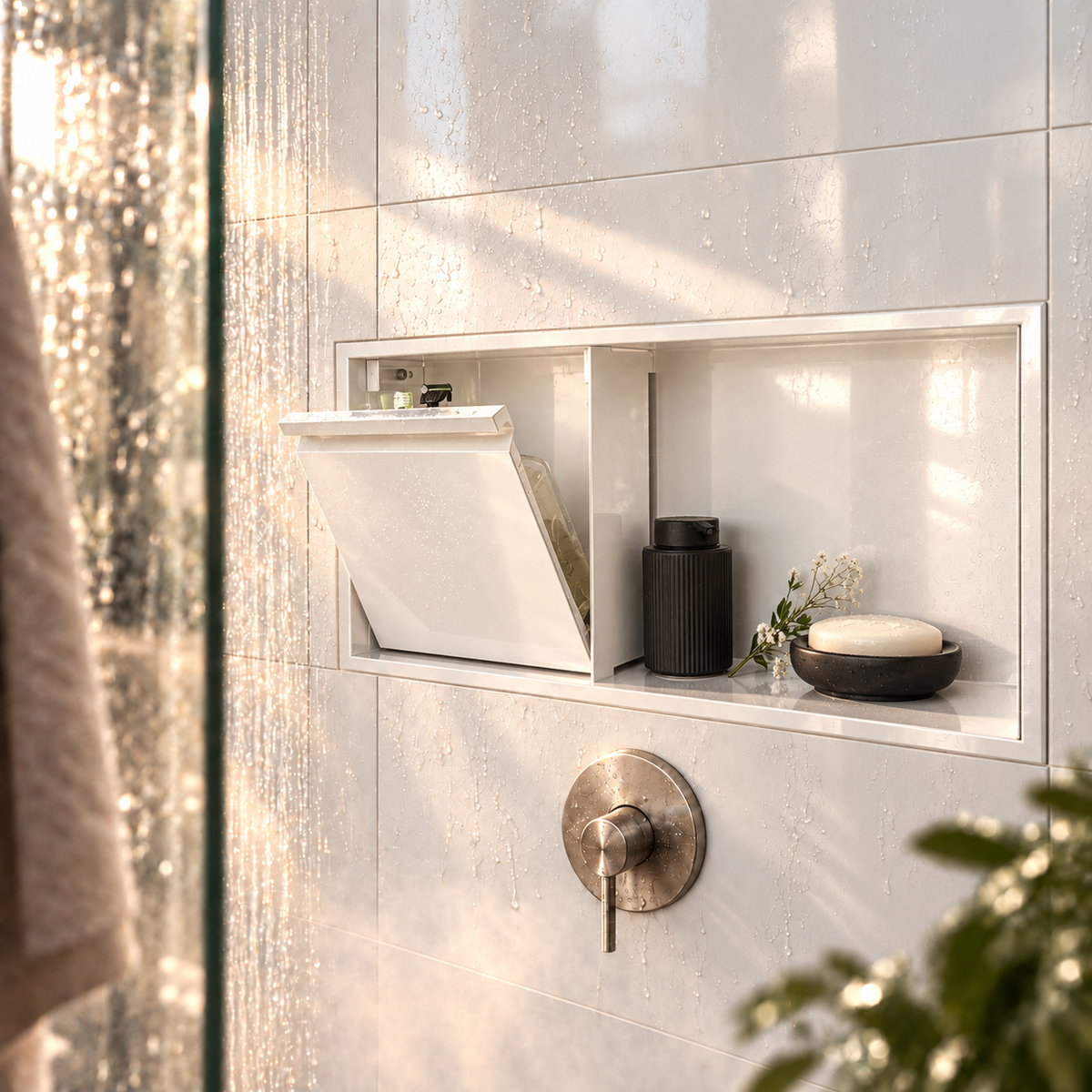 Door niche, 12 × 24 in, glossy white, tilt-down door open: bottles, soap and accessories stored