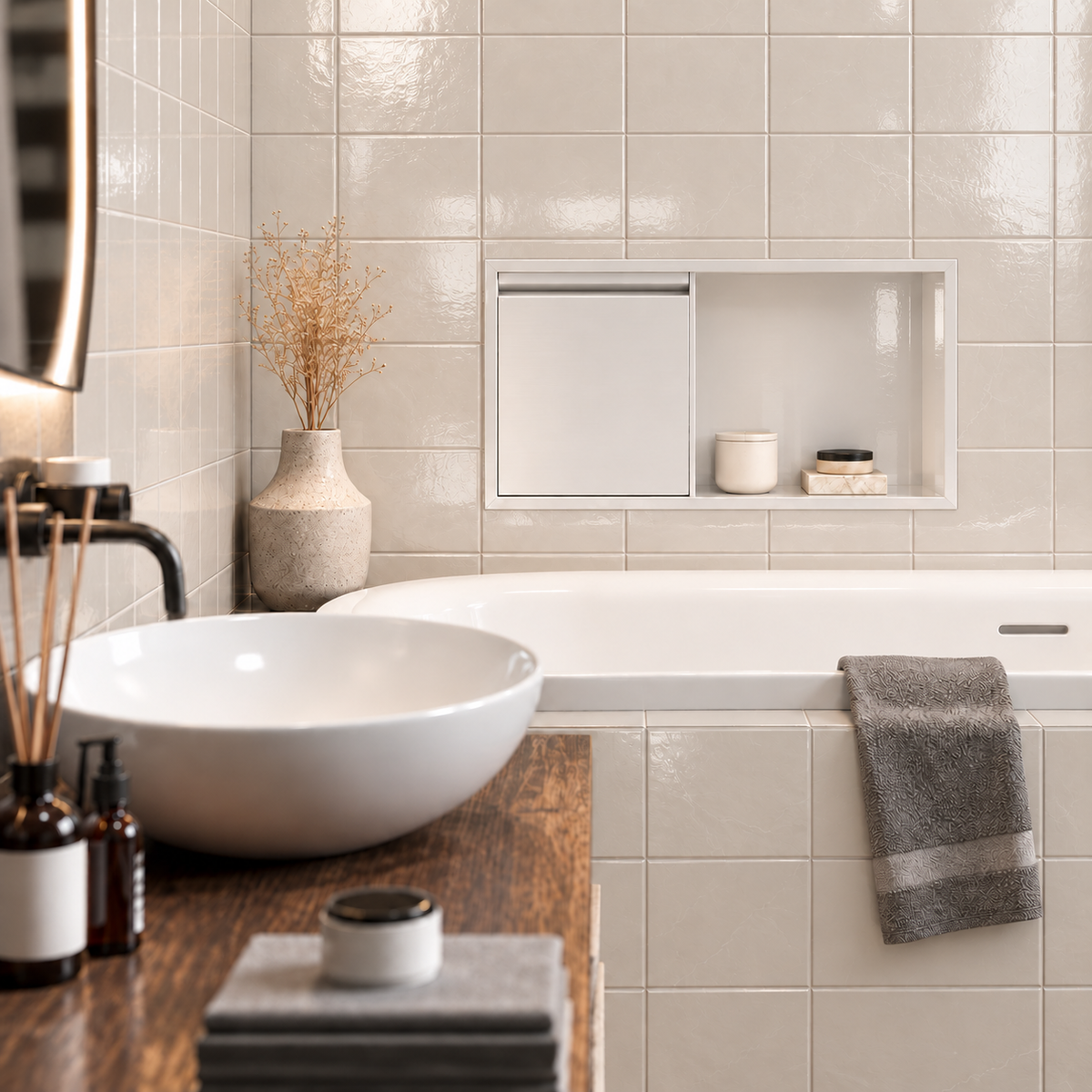 Bathroom with a door niche, 12 × 24 in, glossy white, recessed above a bathtub, white vessel sink in the foreground