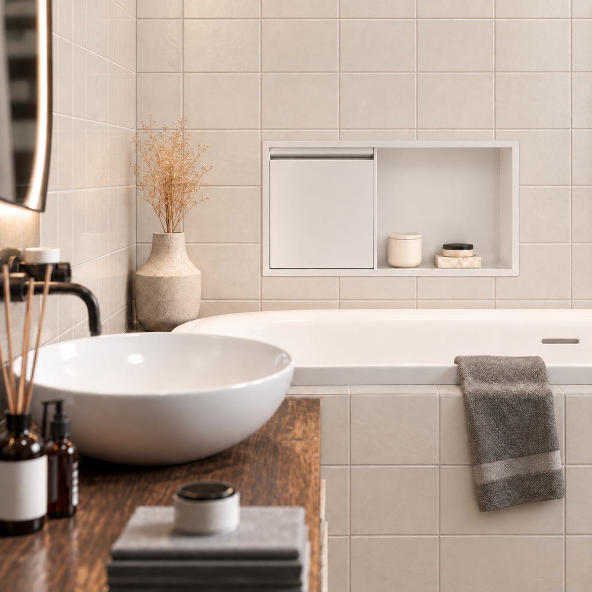 Bathroom with a door niche, 12 × 24 in, matte white, recessed above a bathtub, white vessel sink in the foreground