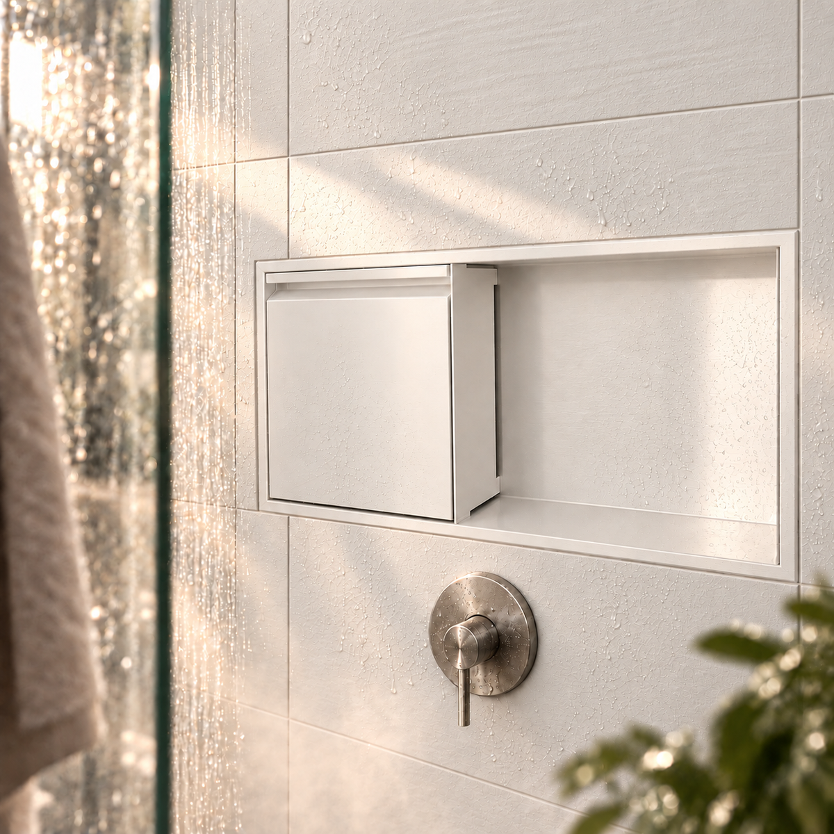 Door niche, 12 × 24 in, matte white, empty open compartment and closed door, in a shower wall