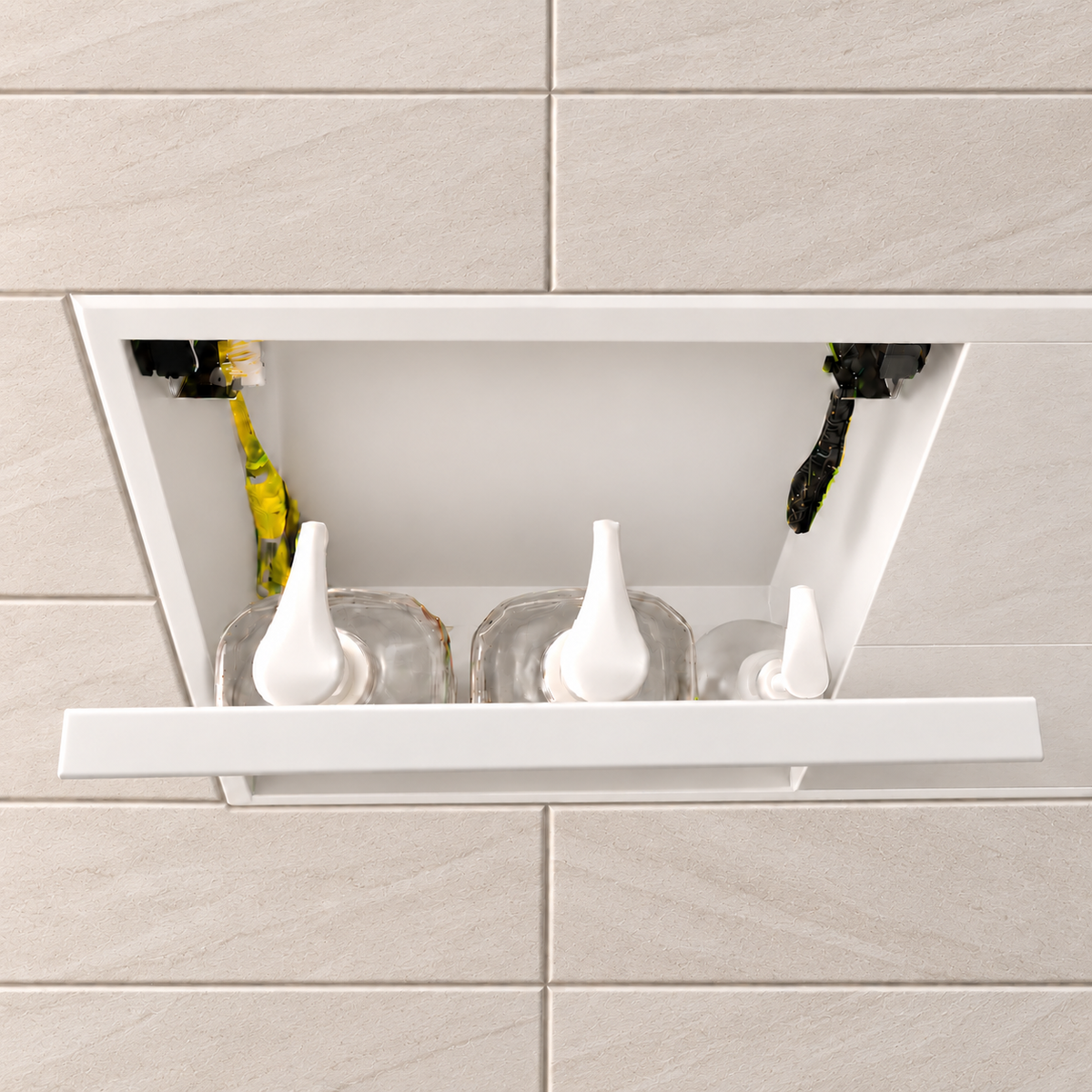 Inside view of the door niche, 12 × 24 in, matte white, door open: bottles stored in the compartment