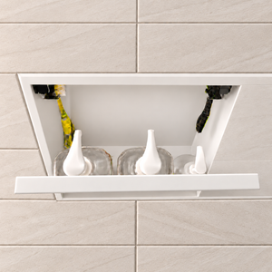 Inside view of the door niche, 12 × 24 in, matte white, door open: bottles stored in the compartment
