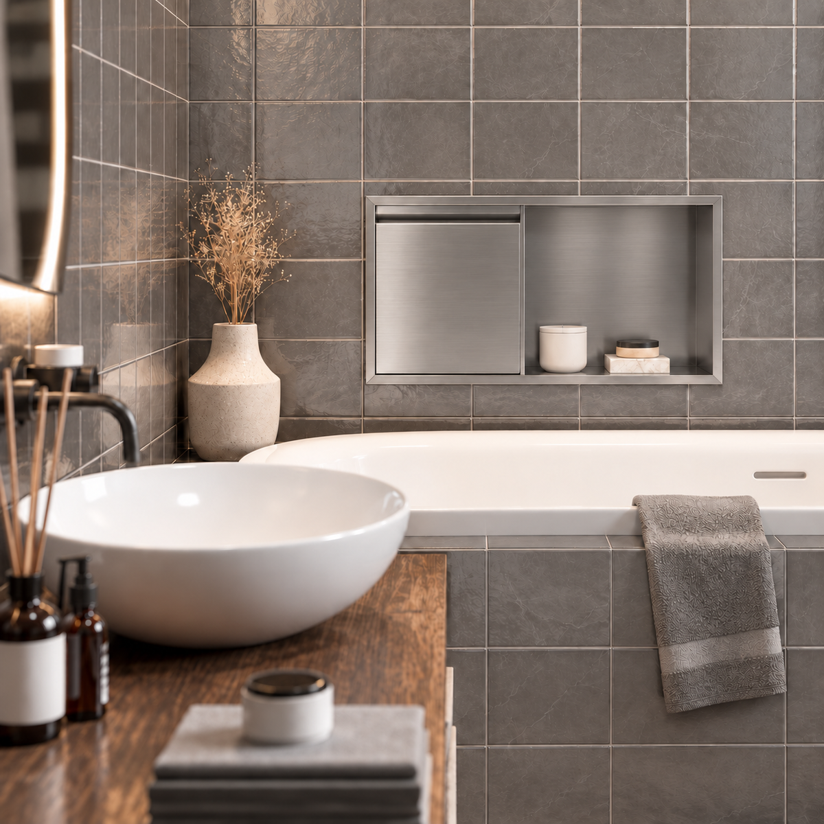 Bathroom with a door niche, 12 × 24 in, brushed stainless steel, recessed above a bathtub, white vessel sink in the foreground