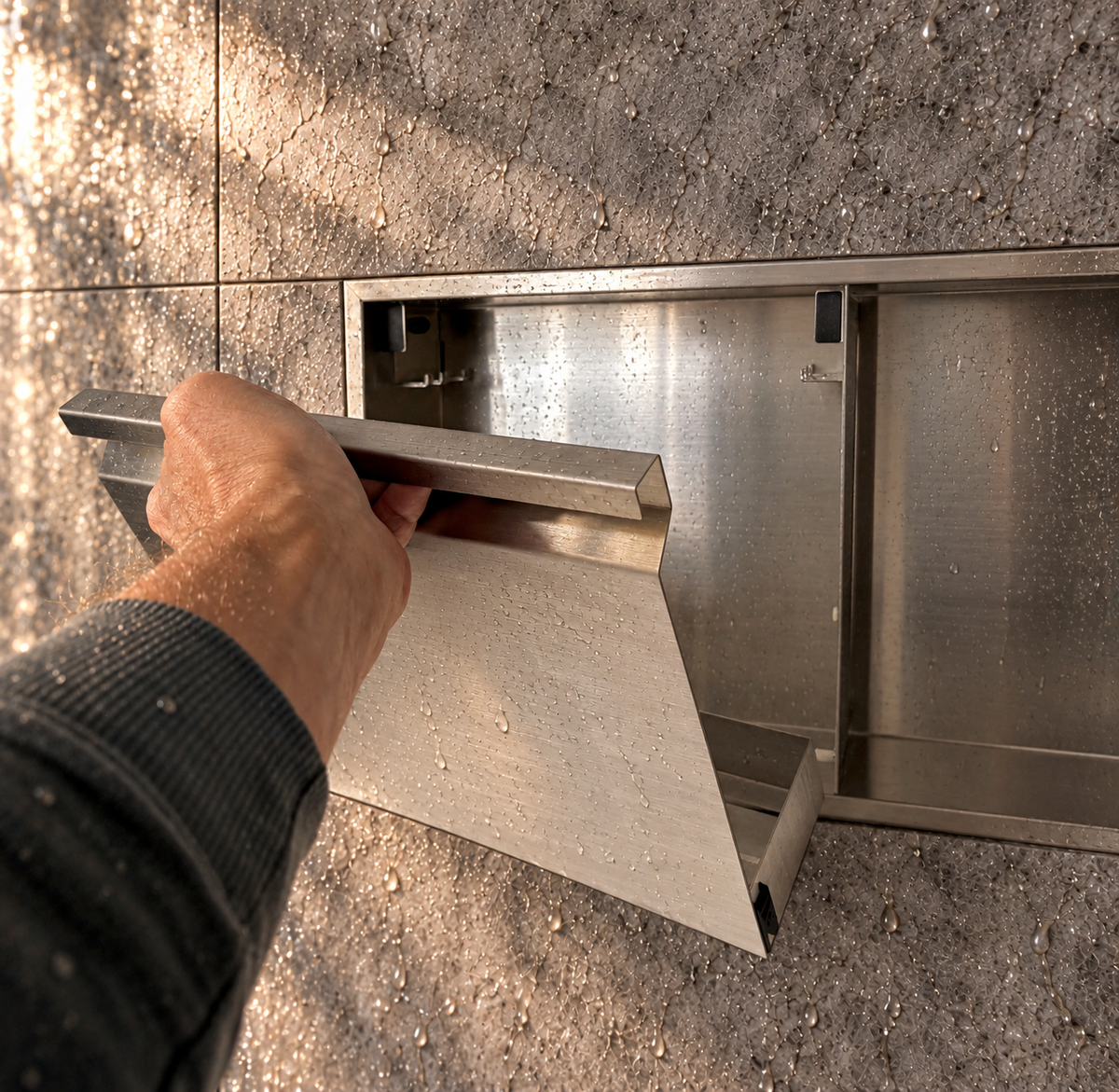A hand lifts the removable door off the door niche, 12 × 24 in, brushed stainless steel