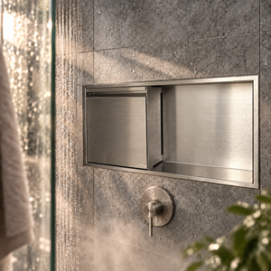 Door niche, 12 × 24 in, brushed stainless steel, empty open compartment and closed door, in a shower wall