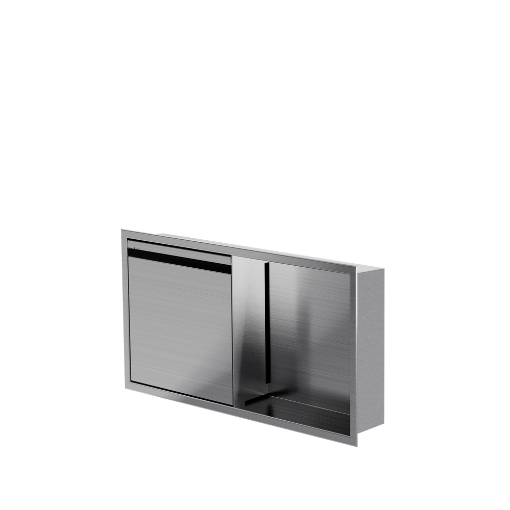 Niche avec porte 12 × 24 po acier inoxydable brossé, porte fermée, de trois quarts sur fond transparent