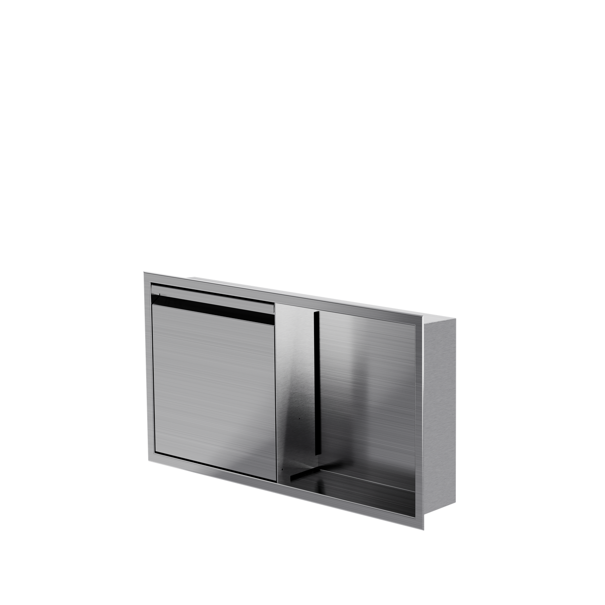 Door niche, 12 × 24 in, brushed stainless steel, door closed, three-quarter view on a transparent background