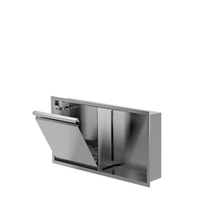 Door niche, 12 × 24 in, brushed stainless steel, tilt-down door open, three-quarter view on a transparent background