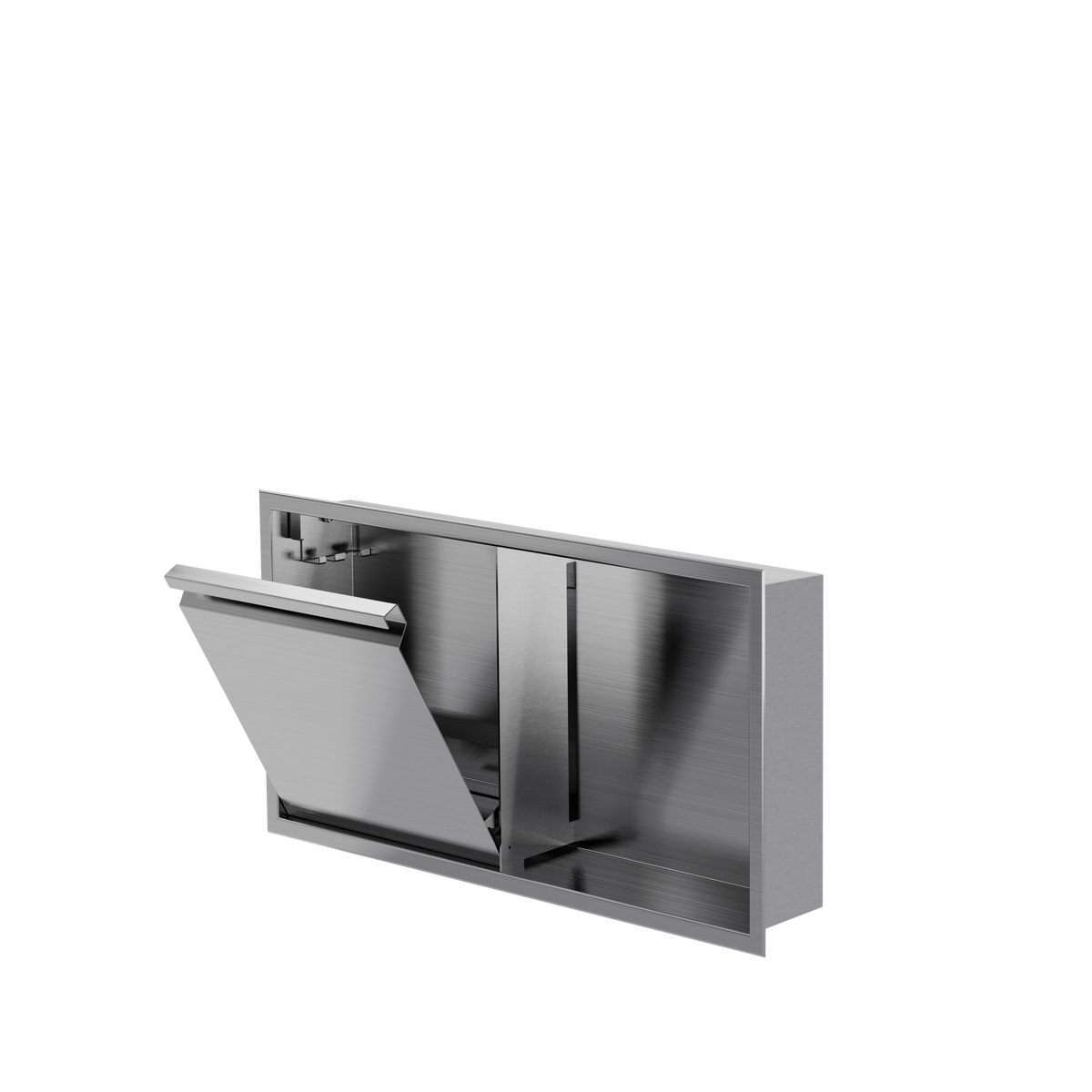 Door niche, 12 × 24 in, brushed stainless steel, tilt-down door open, three-quarter view on a transparent background