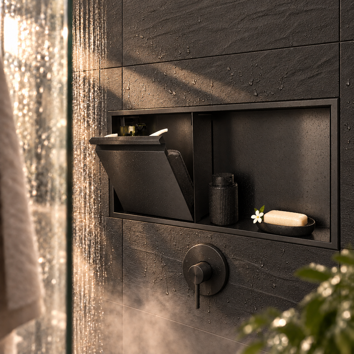 Door niche, 12 × 24 in, matte black, tilt-down door open: bottles, soap and accessories stored