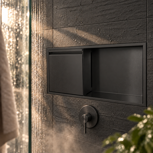 Door niche, 12 × 24 in, matte black, empty open compartment and closed door, in a shower wall