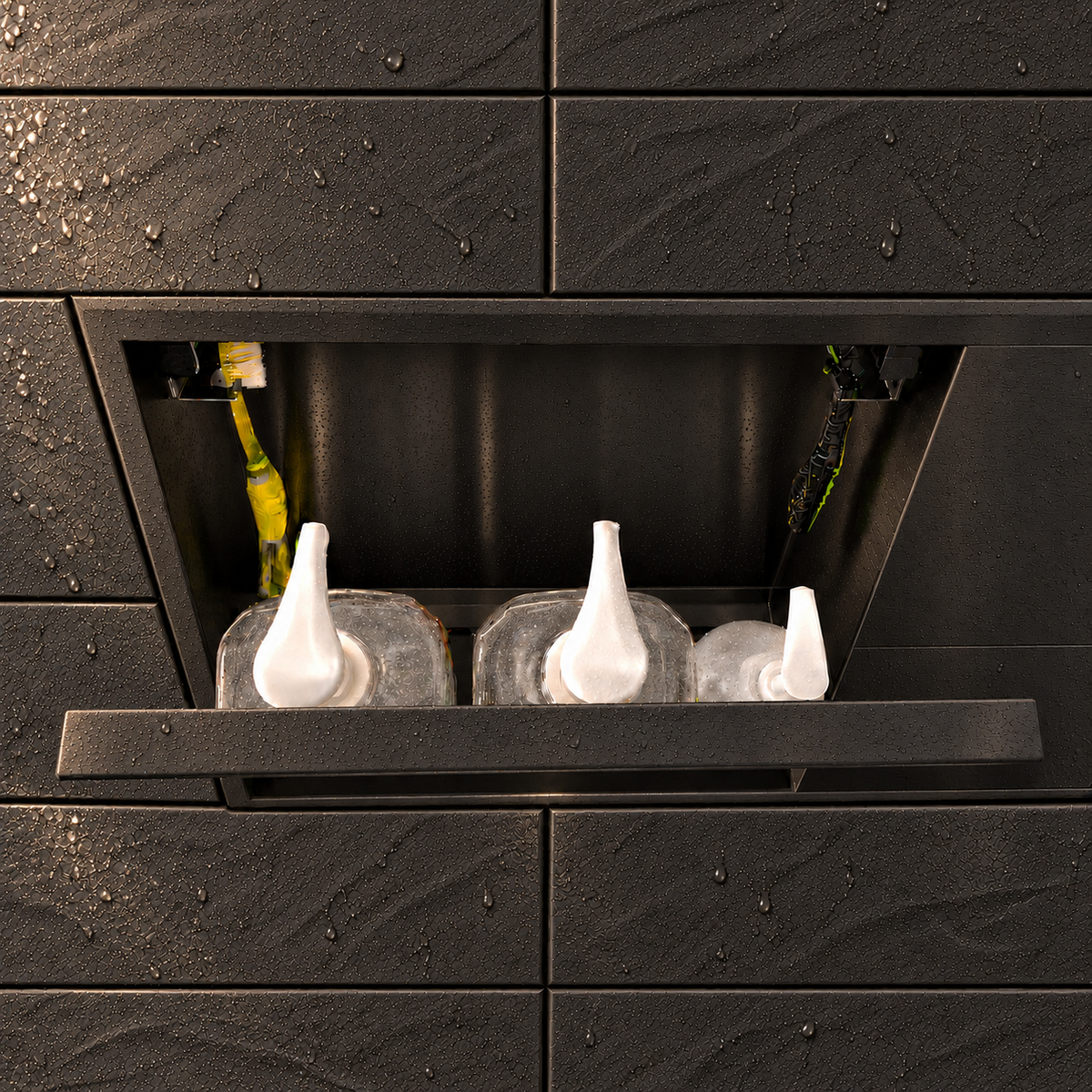 Inside view of the door niche, 12 × 24 in, matte black, door open: bottles stored in the compartment