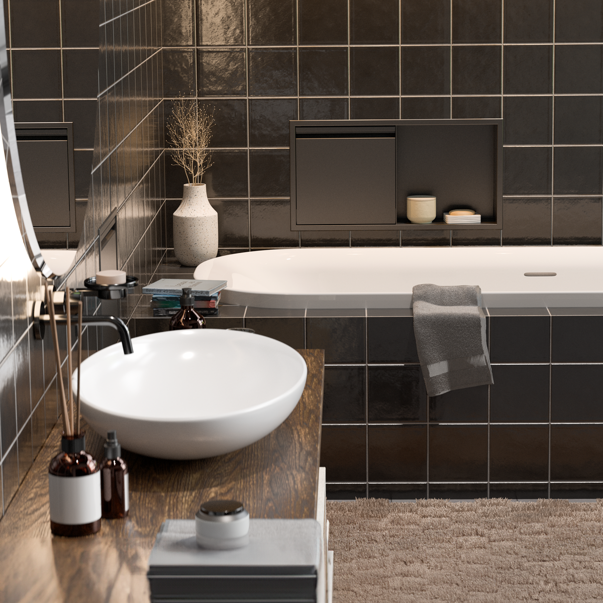 Bathroom with dark tile: matte black door niche, 12 × 24 in, above the bathtub, white vessel sink and gray towel
