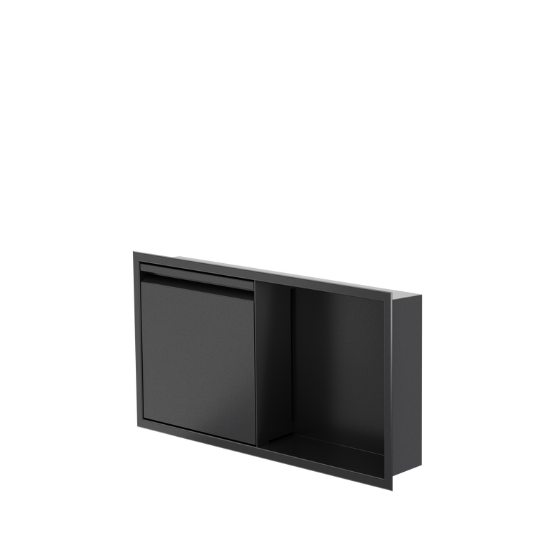 Niche avec porte 12 × 24 po noir mat, porte fermée, de trois quarts sur fond transparent