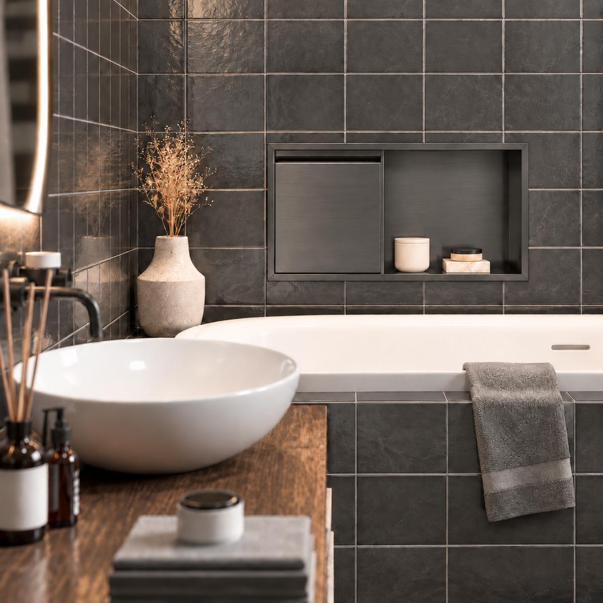 Bathroom with a door niche, 12 × 24 in, black PVD, recessed above a bathtub, white vessel sink in the foreground