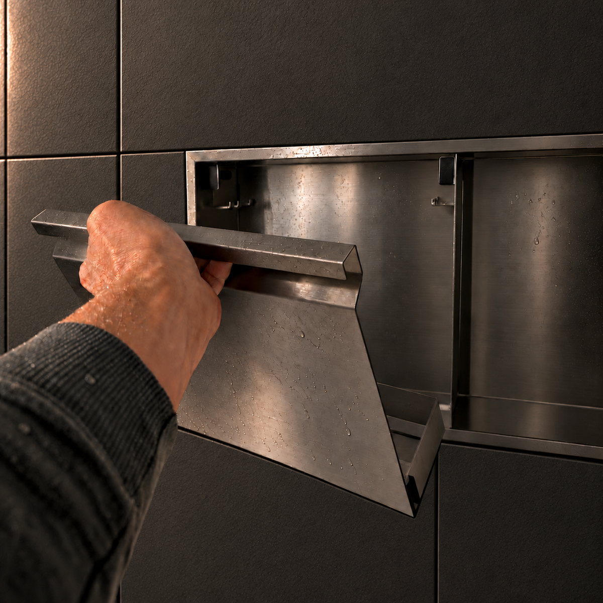 A hand lifts the removable door off the door niche, 12 × 24 in, black PVD