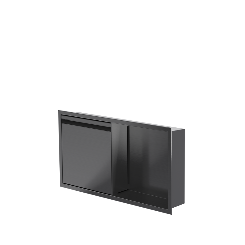 Niche avec porte 12 × 24 po PVD noir, porte fermée, de trois quarts sur fond transparent