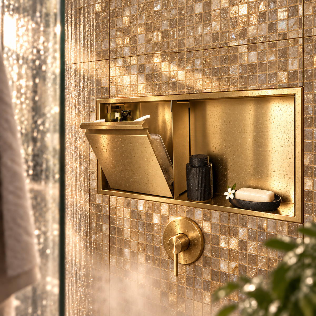 Door niche, 12 × 24 in, gold PVD, tilt-down door open: bottles, soap and accessories stored