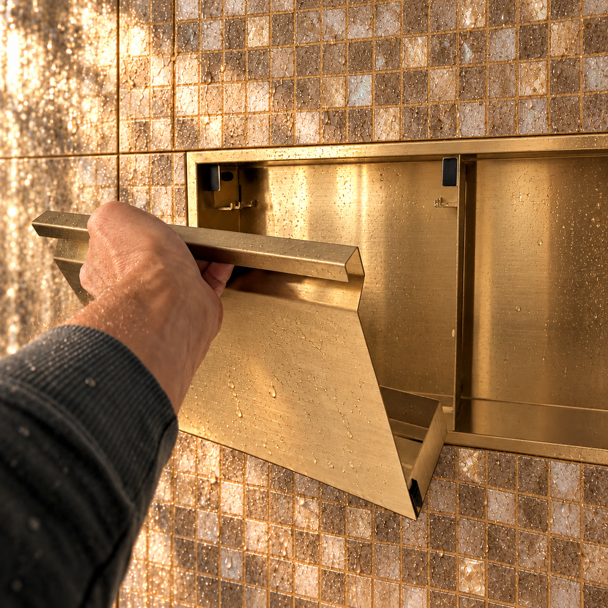 A hand lifts the removable door off the door niche, 12 × 24 in, gold PVD