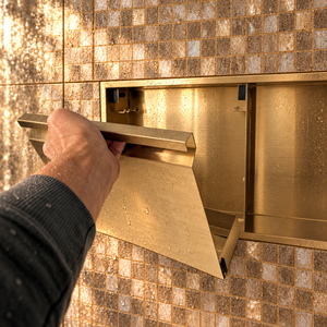 A hand lifts the removable door off the door niche, 12 × 24 in, gold PVD