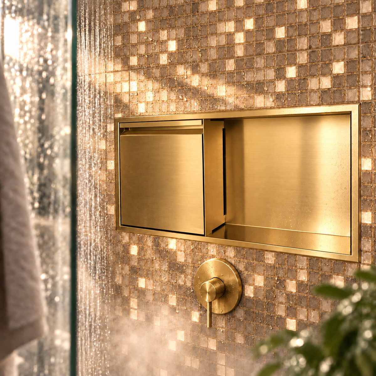 Door niche, 12 × 24 in, gold PVD, empty open compartment and closed door, in a shower wall