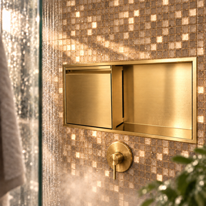 Door niche, 12 × 24 in, gold PVD, empty open compartment and closed door, in a shower wall